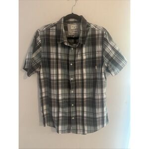 QUICKSILVER Men's Cotton Blend Green/Gray/Black Plaid Short Sleeve Button Down L